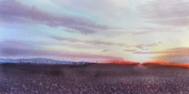 Schilderij getiteld "Sunset over the fie…" door Svetlana Kostina, Origineel Kunstwerk, Aquarel