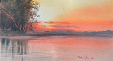 Schilderij getiteld "Sunset over the lak…" door Svetlana Kostina, Origineel Kunstwerk, Aquarel