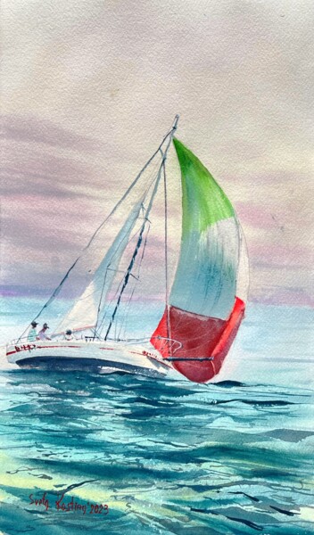 Schilderij getiteld "Evening regatta" door Svetlana Kostina, Origineel Kunstwerk, Aquarel