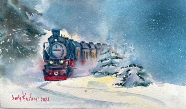 Schilderij getiteld "Christmass train" door Svetlana Kostina, Origineel Kunstwerk, Aquarel