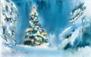 Painting titled "Christmass  tree at…" by Svetlana Kostina, Original Artwork, Watercolor