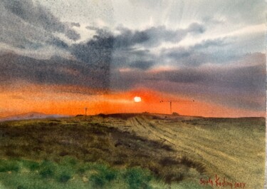 Картина под названием "Sunset by the Ercan…" - Svetlana Kostina, Подлинное произведение искусства, Акварель