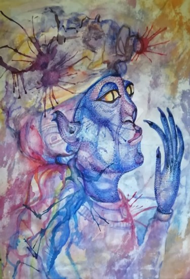 Картина под названием "Blue Reptilian Girl" - Светлана Ковкова, Подлинное произведение искусства, Акварель