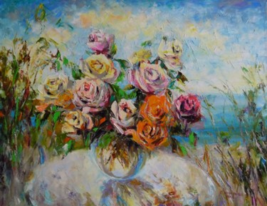 Painting titled "Розы на фоне моря" by Svetlana Kruglov, Original Artwork, Oil