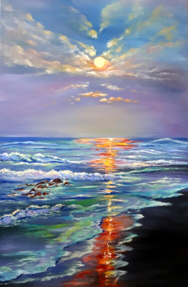 Peinture intitulée "Sunset at sea" par Svetlana Kunegina, Œuvre d'art originale, Huile