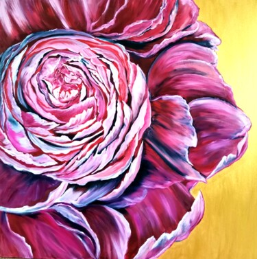 Malerei mit dem Titel "90x90 Peony on gold" von Svetlana Kunegina, Original-Kunstwerk, Öl