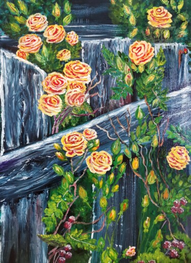 Peinture intitulée "climbing rose" par Svetlana Kunegina, Œuvre d'art originale, Huile