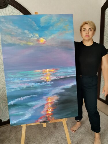 Pintura intitulada "120 x 80 sea at sun…" por Svetlana Kunegina, Obras de arte originais, Óleo
