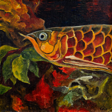 Painting titled "Serious fish" by Svetlana Lebedeva, Original Artwork, Oil Mounted on Wood Stretcher frame