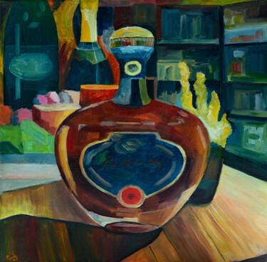 Painting titled "Bottle with yellow…" by Svetlana Lebedeva, Original Artwork, Oil Mounted on Wood Stretcher frame