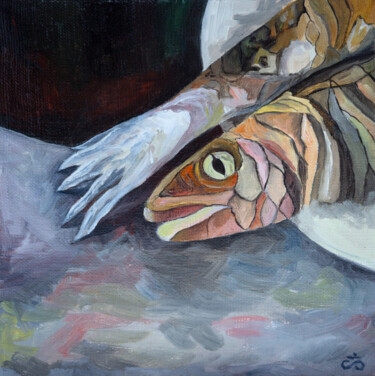 Painting titled "Fish day" by Svetlana Lebedeva, Original Artwork, Oil Mounted on Wood Stretcher frame