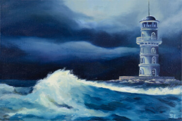 Painting titled "Lighthouse" by Svetlana Lebedeva, Original Artwork, Oil Mounted on Wood Stretcher frame