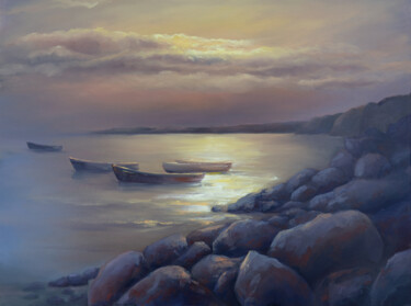 Painting titled "Boats at sunset" by Svetlana Lebedeva, Original Artwork, Oil