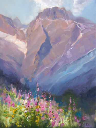 Painting titled "Mountain flowers" by Svetlana Lebedeva, Original Artwork, Oil Mounted on Wood Stretcher frame