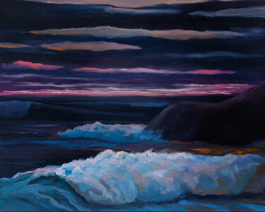 Painting titled "Night sea" by Svetlana Lebedeva, Original Artwork, Oil Mounted on Wood Stretcher frame