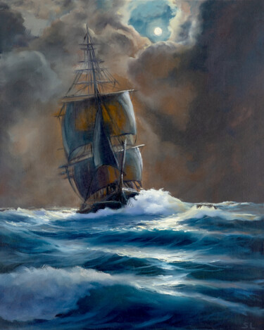 Painting titled "Ship in the moonlig…" by Svetlana Lebedeva, Original Artwork, Oil Mounted on Wood Stretcher frame