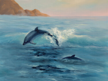 Painting titled "2 dolphins" by Svetlana Lebedeva, Original Artwork, Oil Mounted on Wood Stretcher frame