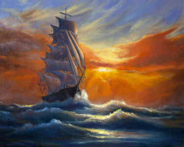 Картина под названием "Sailboat at sunset" - Svetlana Lebedeva, Подлинное произведение искусства, Масло Установлен на Деревя…