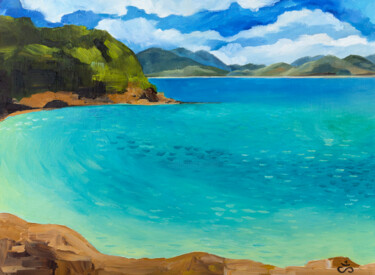 Painting titled "Secret beach" by Svetlana Lebedeva, Original Artwork, Oil Mounted on Cardboard