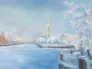 Painting titled "Winter day" by Svetlana Lebedeva, Original Artwork, Oil Mounted on Wood Stretcher frame
