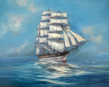 Painting titled "The ship" by Svetlana Lebedeva, Original Artwork, Oil Mounted on Wood Stretcher frame