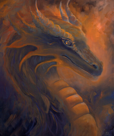 Painting titled "Miracle Dragon" by Svetlana Lebedeva, Original Artwork, Oil Mounted on Wood Stretcher frame