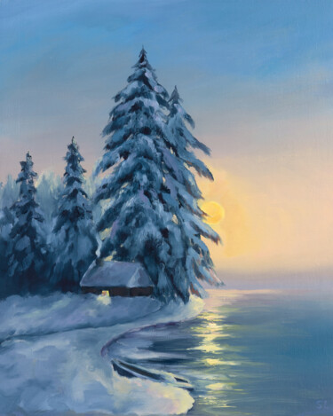 Painting titled "House on the lake" by Svetlana Lebedeva, Original Artwork, Oil Mounted on Wood Stretcher frame