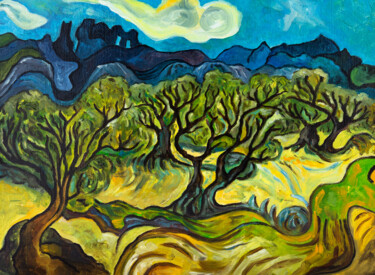 「Olive trees」というタイトルの絵画 Svetlana Lebedevaによって, オリジナルのアートワーク, オイル ウッドストレッチャーフレームにマウント