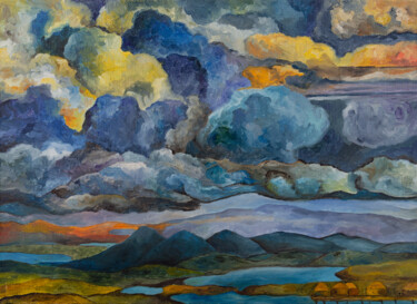 Painting titled "Eternal clouds" by Svetlana Lebedeva, Original Artwork, Oil Mounted on Wood Stretcher frame