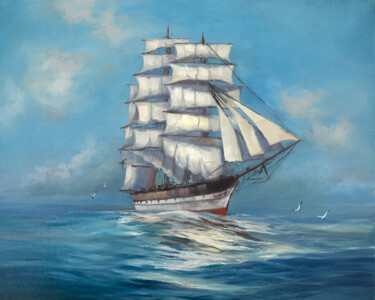 Malarstwo zatytułowany „Sailboat” autorstwa Svetlana Lebedeva, Oryginalna praca, Olej Zamontowany na Drewniana rama noszy
