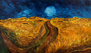 Painting titled "Field with crows" by Svetlana Lebedeva, Original Artwork, Oil Mounted on Wood Stretcher frame