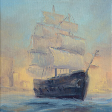 Schilderij getiteld "Sailing ship" door Svetlana Lebedeva, Origineel Kunstwerk, Olie Gemonteerd op Frame voor houten brancard