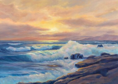 Painting titled "Solar sea" by Svetlana Lebedeva, Original Artwork, Oil Mounted on Wood Stretcher frame