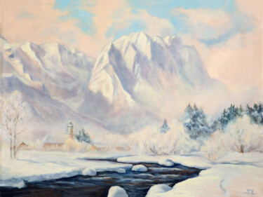 Painting titled "Mountain village" by Svetlana Lebedeva, Original Artwork, Oil Mounted on Wood Stretcher frame