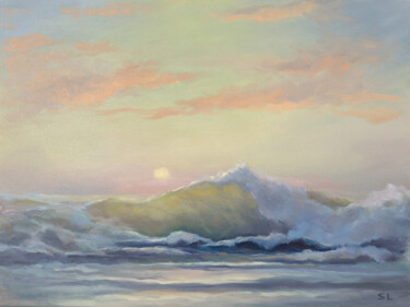 Painting titled "Evening on the shore" by Svetlana Lebedeva, Original Artwork, Oil Mounted on Wood Stretcher frame