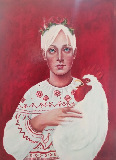 Painting titled "La Fille au Coq ou…" by Svetlana Maksimenko, Original Artwork, Oil Mounted on Wood Stretcher frame