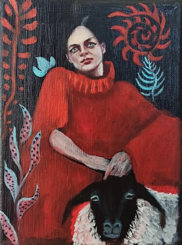 Malerei mit dem Titel "La dame au mouton" von Svetlana Maksimenko, Original-Kunstwerk, Öl Auf Keilrahmen aus Holz montiert