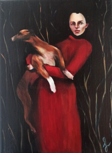Painting titled "La dame au chien" by Svetlana Maksimenko, Original Artwork, Oil Mounted on Wood Stretcher frame