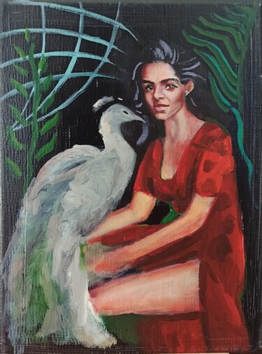 Malerei mit dem Titel "La dame au paon" von Svetlana Maksimenko, Original-Kunstwerk, Öl Auf Keilrahmen aus Holz montiert