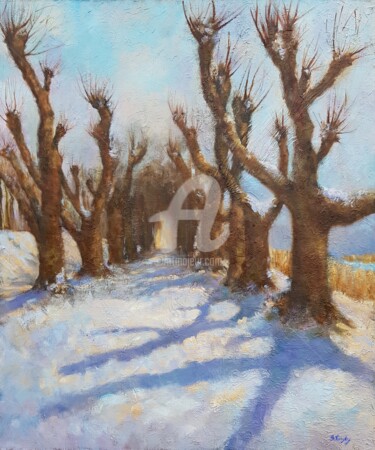 Painting titled "Linden Alley. Winter" by Svetlana Grishkovec-Kiisky, Original Artwork, Oil Mounted on Wood Stretcher frame