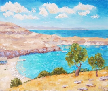 Painting titled "Rhodes. View to the…" by Svetlana Grishkovec-Kiisky, Original Artwork, Oil Mounted on Wood Stretcher frame