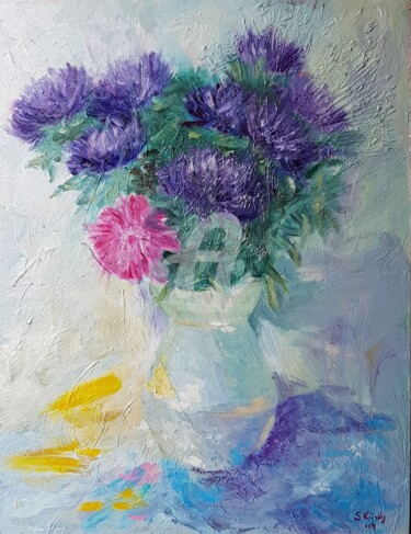 Schilderij getiteld "Flowers (III)" door Svetlana Grishkovec-Kiisky, Origineel Kunstwerk, Olie Gemonteerd op Karton
