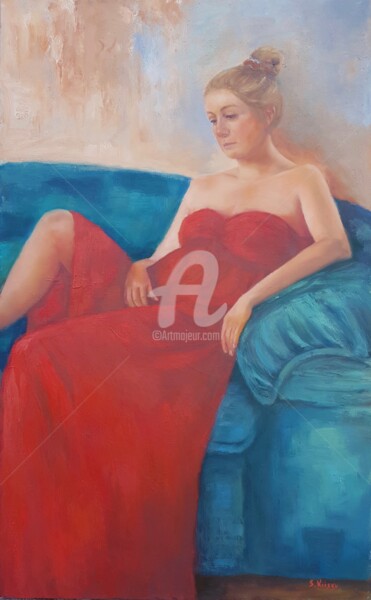 Painting titled "Woman in red" by Svetlana Grishkovec-Kiisky, Original Artwork, Oil Mounted on Wood Stretcher frame