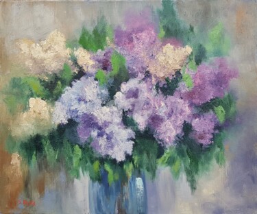 Painting titled "Lilac (flowers)" by Svetlana Grishkovec-Kiisky, Original Artwork, Oil Mounted on Wood Stretcher frame