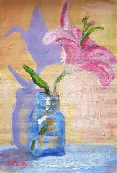 Painting titled "Lily in bottle" by Svetlana Grishkovec-Kiisky, Original Artwork, Oil Mounted on Cardboard