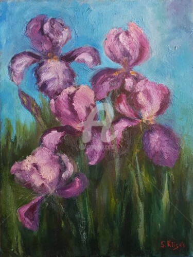 Картина под названием "Irises" - Svetlana Grishkovec-Kiisky, Подлинное произведение искусства, Масло Установлен на Деревянна…