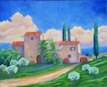 Painting titled "Village in Toscana" by Svetlana Grishkovec-Kiisky, Original Artwork, Oil Mounted on Wood Stretcher frame