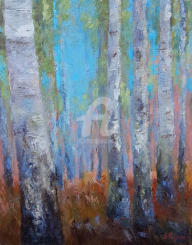 Painting titled "Birches" by Svetlana Grishkovec-Kiisky, Original Artwork, Oil Mounted on Wood Stretcher frame