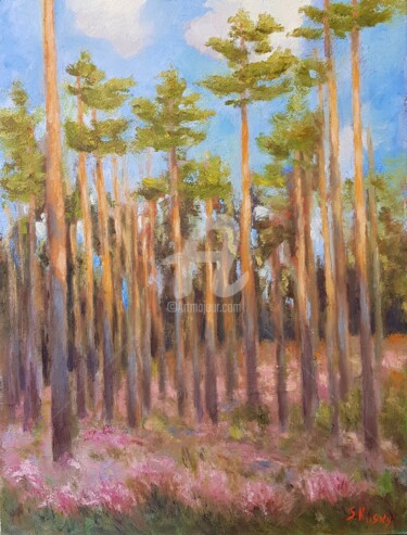 Schilderij getiteld "Pine forest" door Svetlana Grishkovec-Kiisky, Origineel Kunstwerk, Olie Gemonteerd op Frame voor houten…