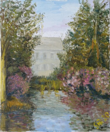 Painting titled "Rhododendrons in Do…" by Svetlana Mozhaeva, Original Artwork, Oil